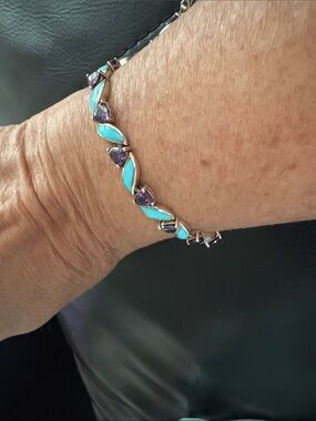 925 Sterling Silver Turquoise &  Amethyst Stone Women's Bracelet